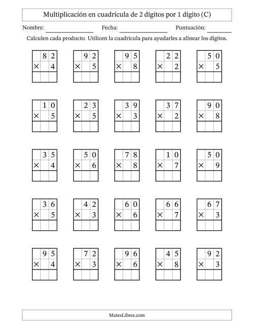 La hoja de ejercicios de Multiplicación en Cuadrícula, Dos Dígitos por Un Dígito (C)