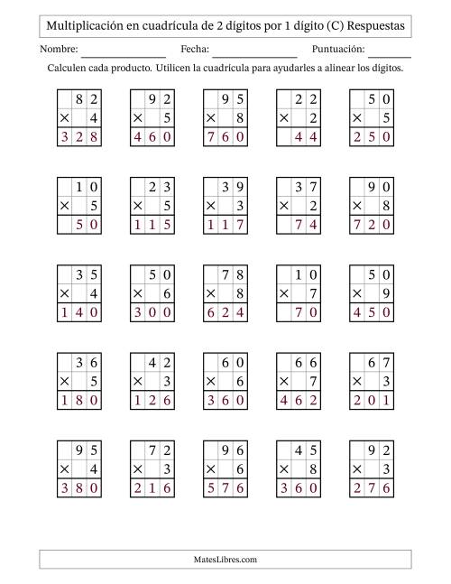 La hoja de ejercicios de Multiplicación con apoyo de cuadrícula de 2 dígitos por 1 dígito (C) Página 2