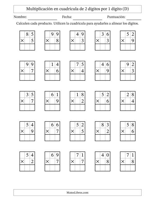 La hoja de ejercicios de Multiplicación en Cuadrícula, Dos Dígitos por Un Dígito (D)