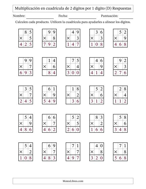 La hoja de ejercicios de Multiplicación con apoyo de cuadrícula de 2 dígitos por 1 dígito (D) Página 2