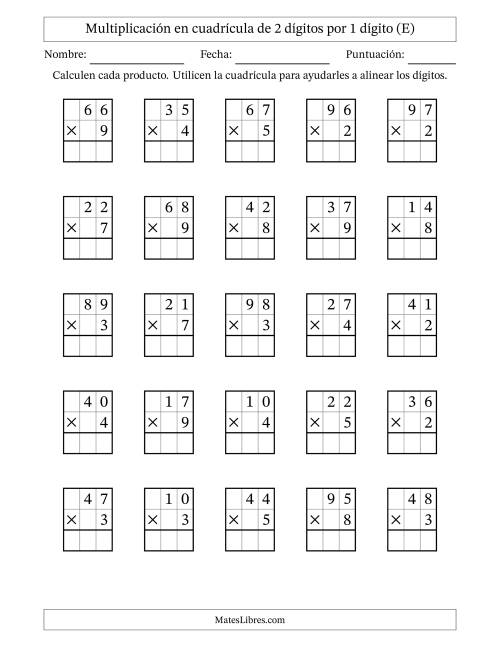 La hoja de ejercicios de Multiplicación en Cuadrícula, Dos Dígitos por Un Dígito (E)