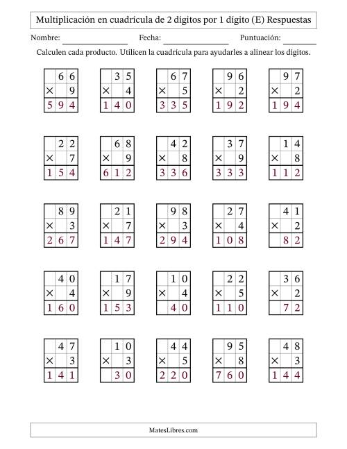 La hoja de ejercicios de Multiplicación en Cuadrícula, Dos Dígitos por Un Dígito (E) Página 2