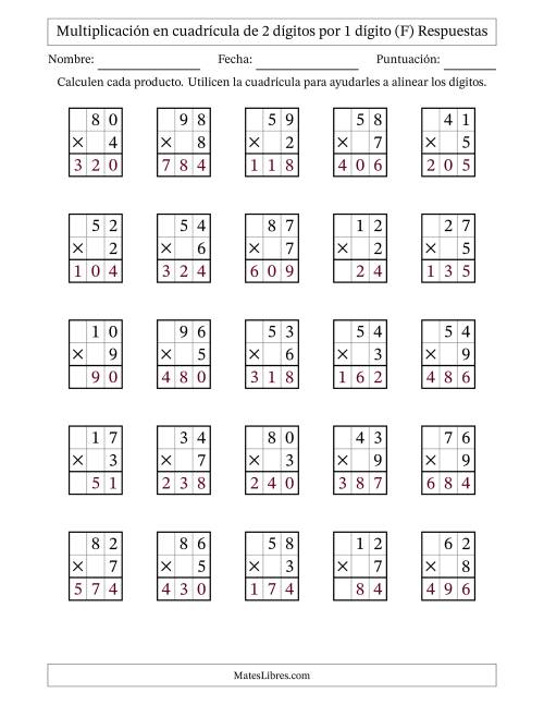 La hoja de ejercicios de Multiplicación en Cuadrícula, Dos Dígitos por Un Dígito (F) Página 2