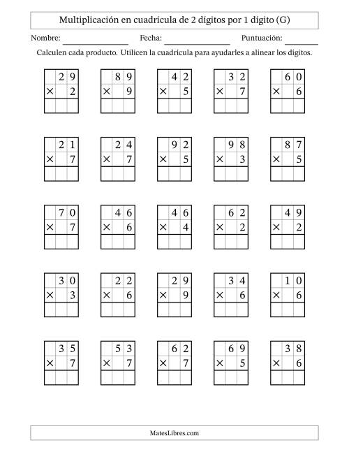 La hoja de ejercicios de Multiplicación con apoyo de cuadrícula de 2 dígitos por 1 dígito (G)