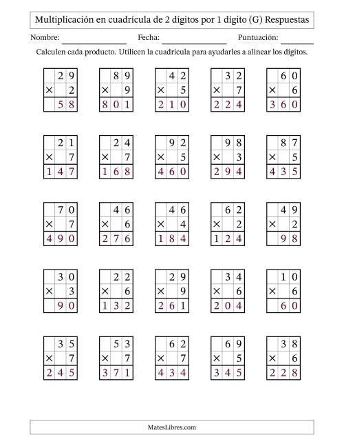 La hoja de ejercicios de Multiplicación en Cuadrícula, Dos Dígitos por Un Dígito (G) Página 2
