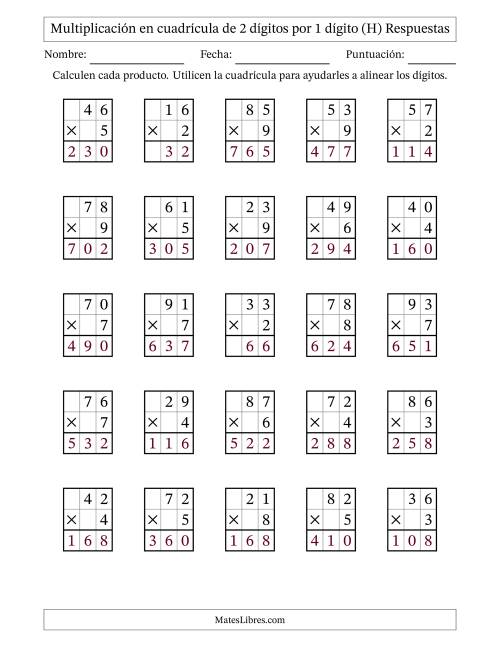 La hoja de ejercicios de Multiplicación con apoyo de cuadrícula de 2 dígitos por 1 dígito (H) Página 2