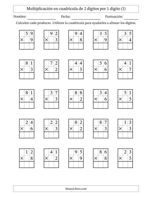 La hoja de ejercicios de Multiplicación en Cuadrícula, Dos Dígitos por Un Dígito (I)