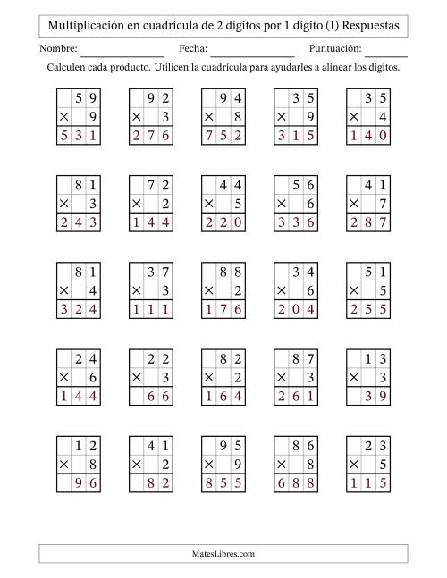 La hoja de ejercicios de Multiplicación en Cuadrícula, Dos Dígitos por Un Dígito (I) Página 2