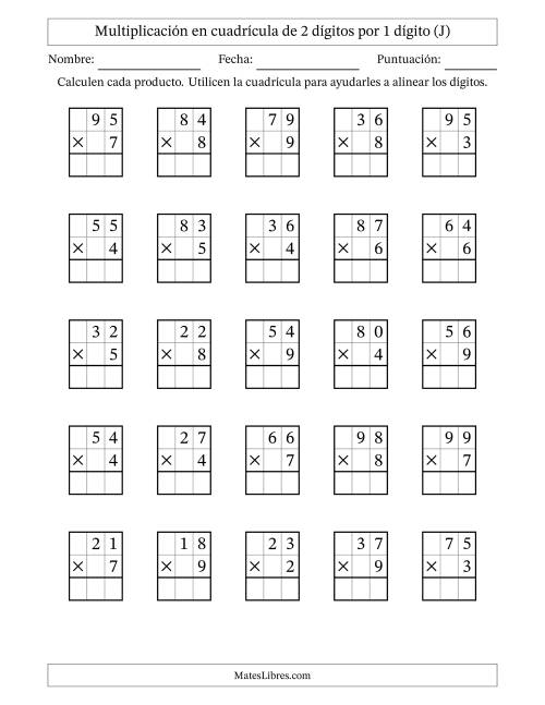 La hoja de ejercicios de Multiplicación con apoyo de cuadrícula de 2 dígitos por 1 dígito (J)