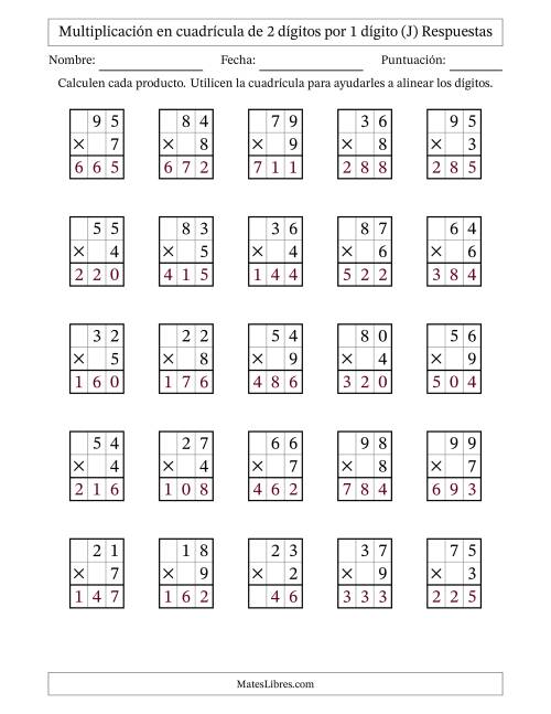 La hoja de ejercicios de Multiplicación en Cuadrícula, Dos Dígitos por Un Dígito (J) Página 2
