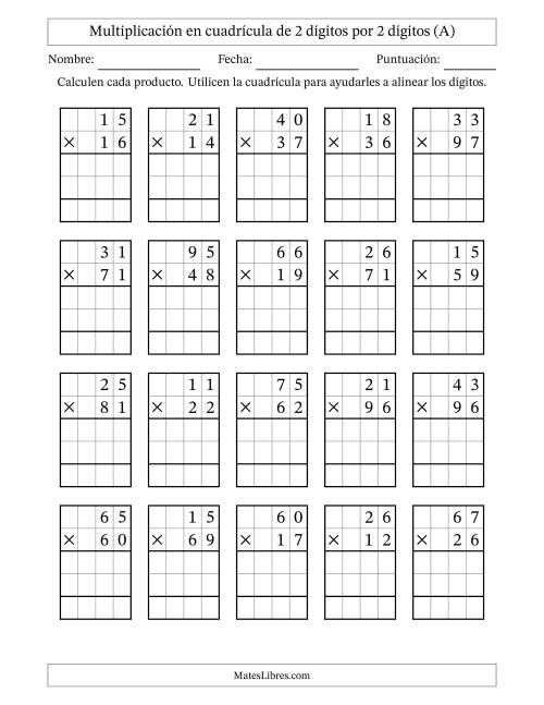 La hoja de ejercicios de Multiplicación en Cuadrícula, Dos Dígitos por Dos Dígitos (A)