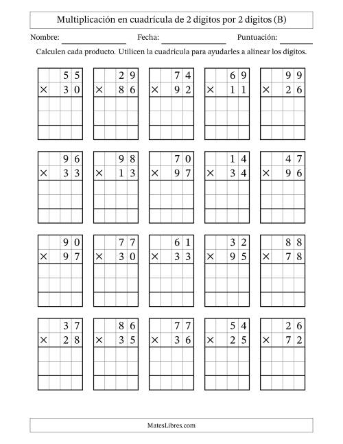 La hoja de ejercicios de Multiplicación con apoyo de cuadrícula de 2 dígitos por 2 dígitos (B)