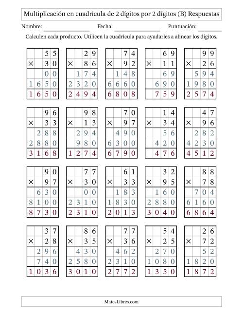 La hoja de ejercicios de Multiplicación con apoyo de cuadrícula de 2 dígitos por 2 dígitos (B) Página 2