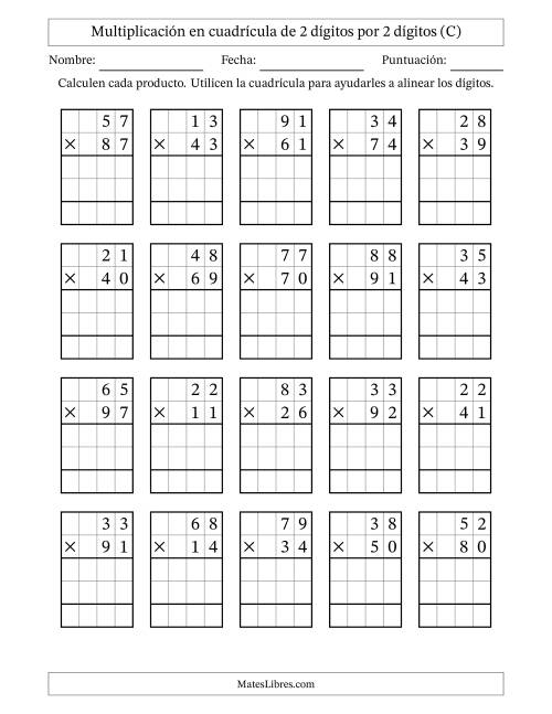 La hoja de ejercicios de Multiplicación con apoyo de cuadrícula de 2 dígitos por 2 dígitos (C)