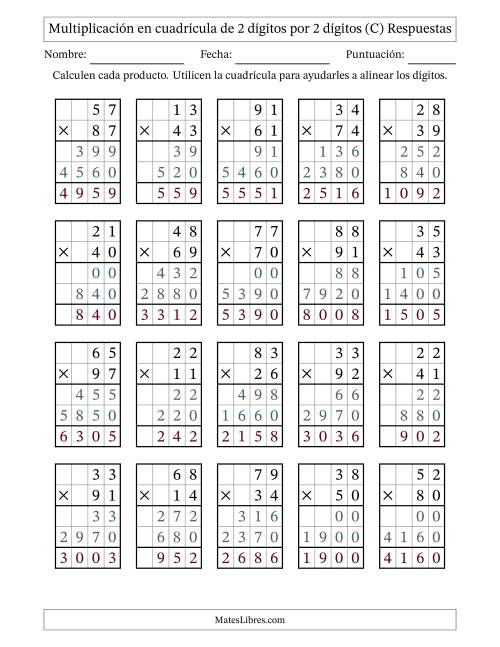 La hoja de ejercicios de Multiplicación con apoyo de cuadrícula de 2 dígitos por 2 dígitos (C) Página 2