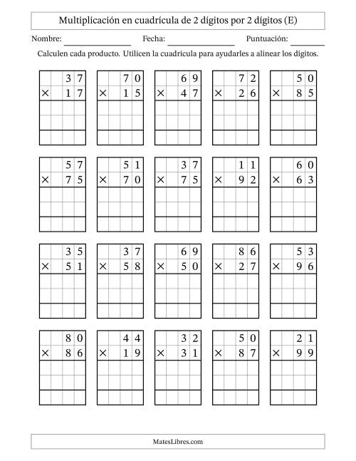 La hoja de ejercicios de Multiplicación con apoyo de cuadrícula de 2 dígitos por 2 dígitos (E)