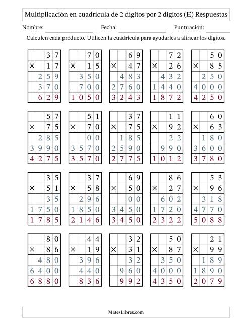 La hoja de ejercicios de Multiplicación con apoyo de cuadrícula de 2 dígitos por 2 dígitos (E) Página 2