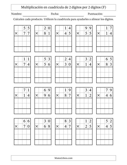 La hoja de ejercicios de Multiplicación con apoyo de cuadrícula de 2 dígitos por 2 dígitos (F)