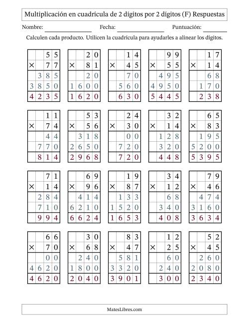 La hoja de ejercicios de Multiplicación con apoyo de cuadrícula de 2 dígitos por 2 dígitos (F) Página 2