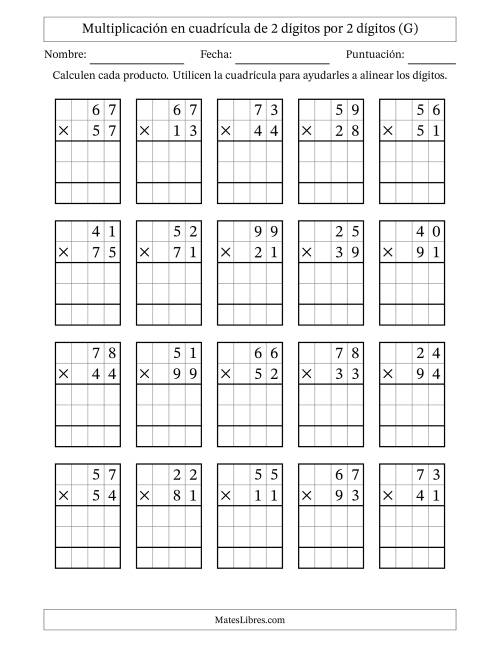 La hoja de ejercicios de Multiplicación con apoyo de cuadrícula de 2 dígitos por 2 dígitos (G)