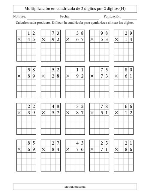 La hoja de ejercicios de Multiplicación con apoyo de cuadrícula de 2 dígitos por 2 dígitos (H)