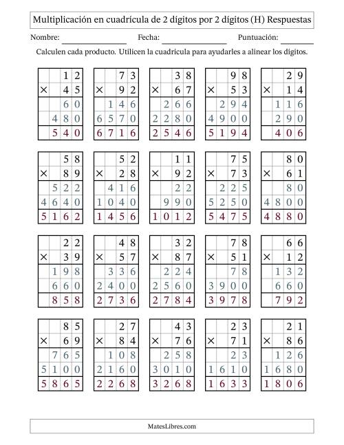 La hoja de ejercicios de Multiplicación con apoyo de cuadrícula de 2 dígitos por 2 dígitos (H) Página 2