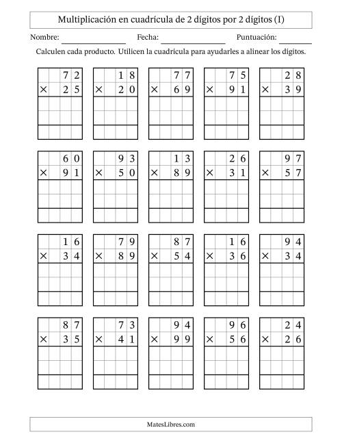 La hoja de ejercicios de Multiplicación con apoyo de cuadrícula de 2 dígitos por 2 dígitos (I)