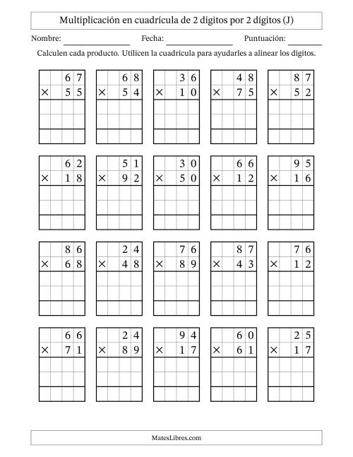 La hoja de ejercicios de Multiplicación con apoyo de cuadrícula de 2 dígitos por 2 dígitos (J)