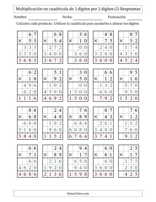La hoja de ejercicios de Multiplicación con apoyo de cuadrícula de 2 dígitos por 2 dígitos (J) Página 2