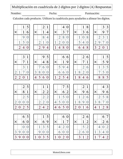 La hoja de ejercicios de Multiplicación con apoyo de cuadrícula de 2 dígitos por 2 dígitos (Todas) Página 2