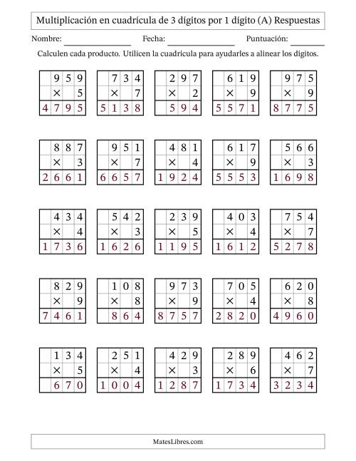 La hoja de ejercicios de Multiplicación en Cuadrícula, Tres Dígitos por Un Dígito (A) Página 2