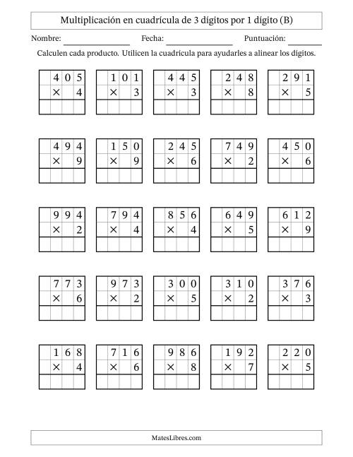 La hoja de ejercicios de Multiplicación con apoyo de cuadrícula de 3 dígitos por 1 dígito (B)