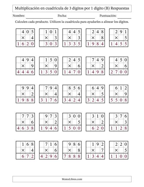 La hoja de ejercicios de Multiplicación con apoyo de cuadrícula de 3 dígitos por 1 dígito (B) Página 2