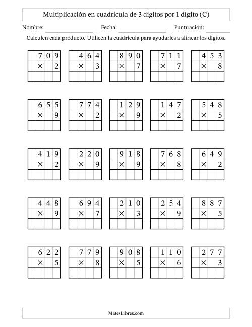 La hoja de ejercicios de Multiplicación con apoyo de cuadrícula de 3 dígitos por 1 dígito (C)