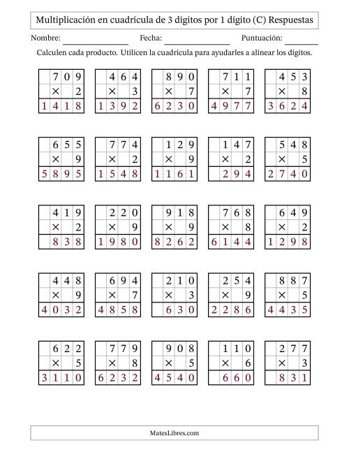 La hoja de ejercicios de Multiplicación con apoyo de cuadrícula de 3 dígitos por 1 dígito (C) Página 2