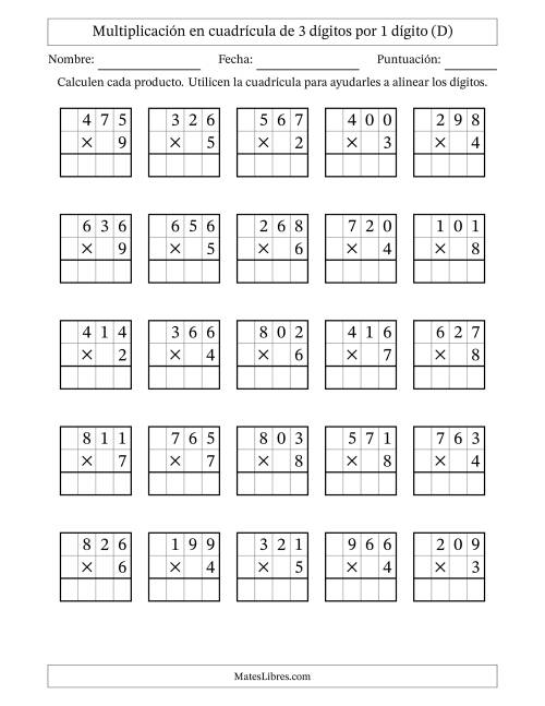 La hoja de ejercicios de Multiplicación con apoyo de cuadrícula de 3 dígitos por 1 dígito (D)