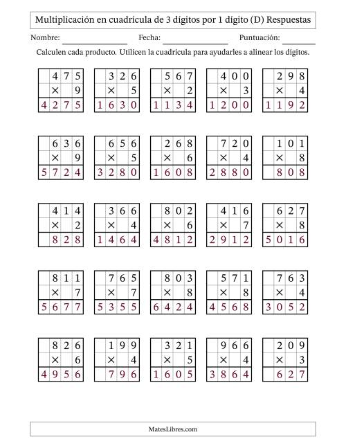 La hoja de ejercicios de Multiplicación con apoyo de cuadrícula de 3 dígitos por 1 dígito (D) Página 2