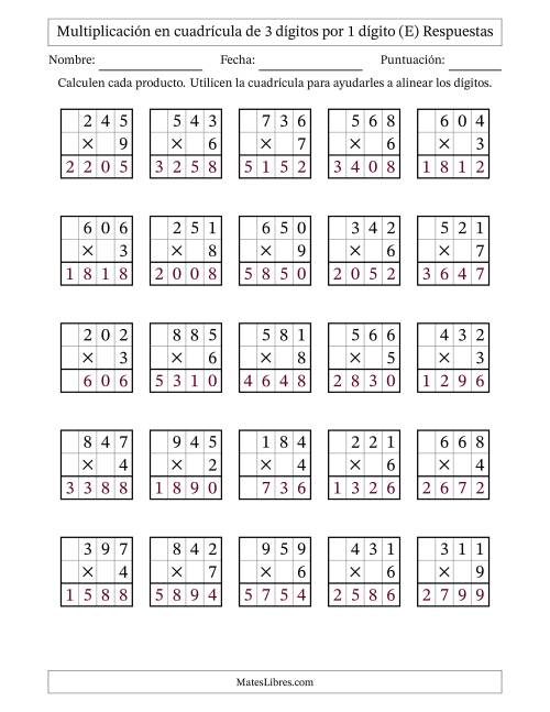 La hoja de ejercicios de Multiplicación con apoyo de cuadrícula de 3 dígitos por 1 dígito (E) Página 2
