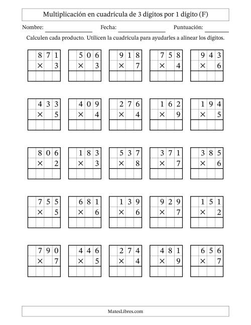 La hoja de ejercicios de Multiplicación con apoyo de cuadrícula de 3 dígitos por 1 dígito (F)