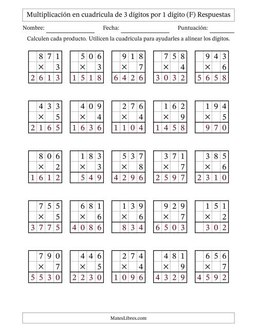 La hoja de ejercicios de Multiplicación con apoyo de cuadrícula de 3 dígitos por 1 dígito (F) Página 2