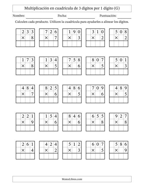 La hoja de ejercicios de Multiplicación con apoyo de cuadrícula de 3 dígitos por 1 dígito (G)
