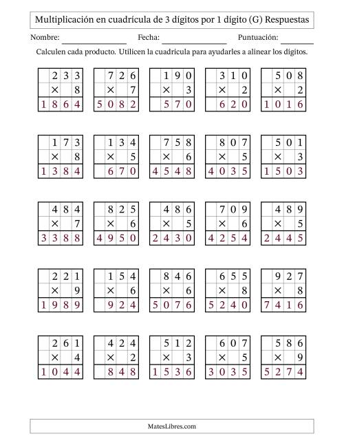 La hoja de ejercicios de Multiplicación con apoyo de cuadrícula de 3 dígitos por 1 dígito (G) Página 2