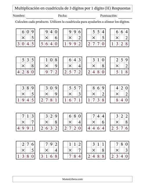 La hoja de ejercicios de Multiplicación con apoyo de cuadrícula de 3 dígitos por 1 dígito (H) Página 2