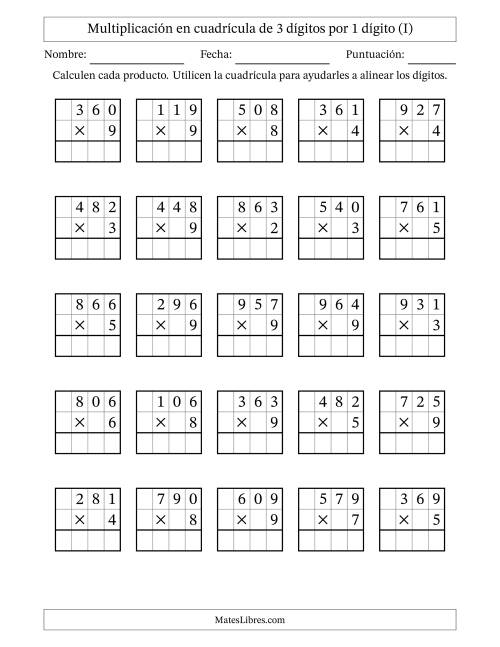 La hoja de ejercicios de Multiplicación con apoyo de cuadrícula de 3 dígitos por 1 dígito (I)