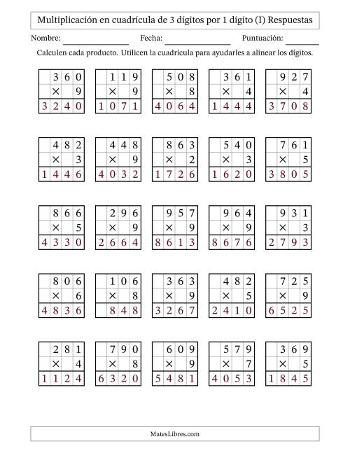 La hoja de ejercicios de Multiplicación en Cuadrícula, Tres Dígitos por Un Dígito (I) Página 2