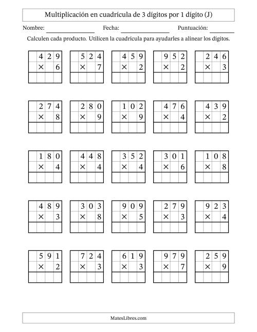 La hoja de ejercicios de Multiplicación con apoyo de cuadrícula de 3 dígitos por 1 dígito (J)