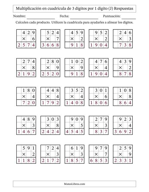 La hoja de ejercicios de Multiplicación con apoyo de cuadrícula de 3 dígitos por 1 dígito (J) Página 2