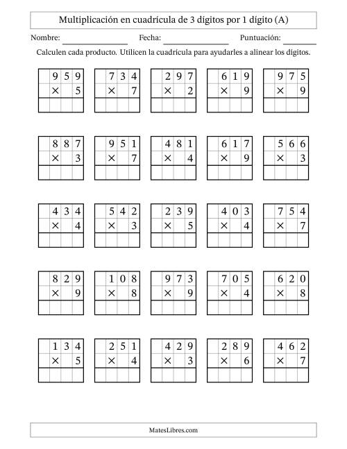 La hoja de ejercicios de Multiplicación con apoyo de cuadrícula de 3 dígitos por 1 dígito (Todas)