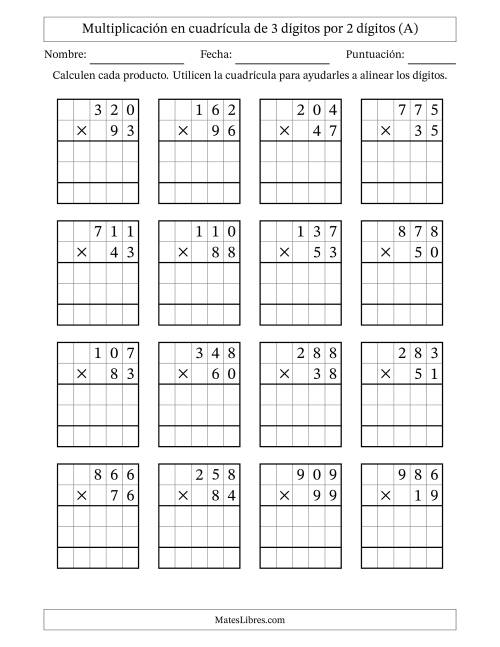 La hoja de ejercicios de Multiplicación en Cuadrícula, Tres Dígitos por Dos Dígitos (A)
