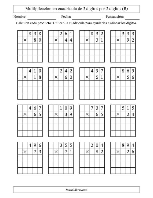 La hoja de ejercicios de Multiplicación con apoyo de cuadrícula de 3 dígitos por 2 dígitos (B)